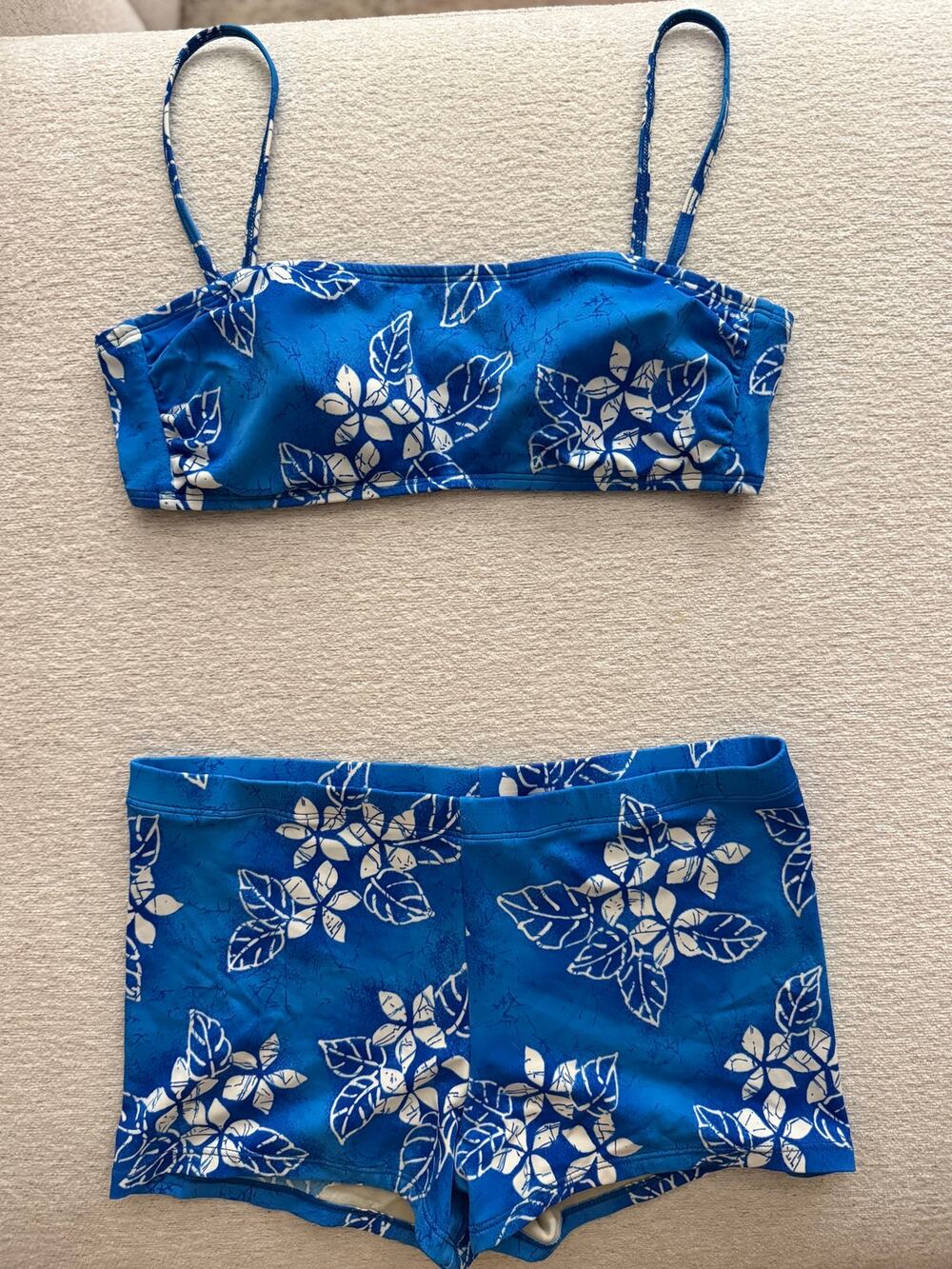 VTG 90s Sz L Esprit Swimsuit Set Hawaiian Floral Boyshort Bikini Two Piece Blue